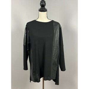 IC by Connie K Black Faux Leather Panel Mixed Media Top Women's Large